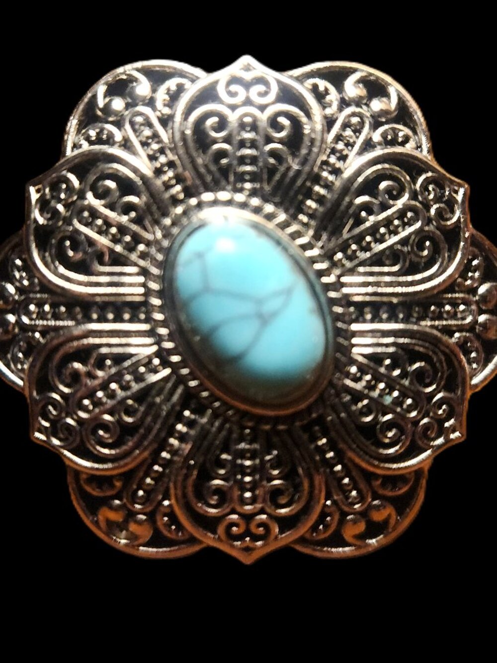 SCARF SLIDE SILVERTONE Filigree w faux TURQUOISE stonNEW by Ornaments Collection